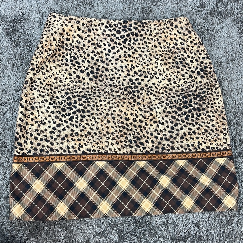 Talbots cotton brown plaid cheetah/leopard print mini skirt women’s size 12
